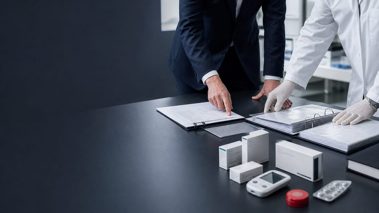 Executive and quality professionals reviewing pharmaceutical operating-model records and neutral product samples