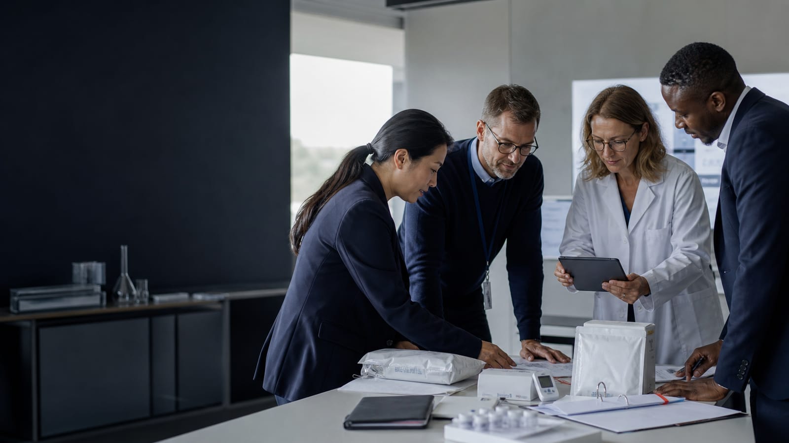 Scientific, quality, operations and commercial professionals collaborating around a controlled work plan