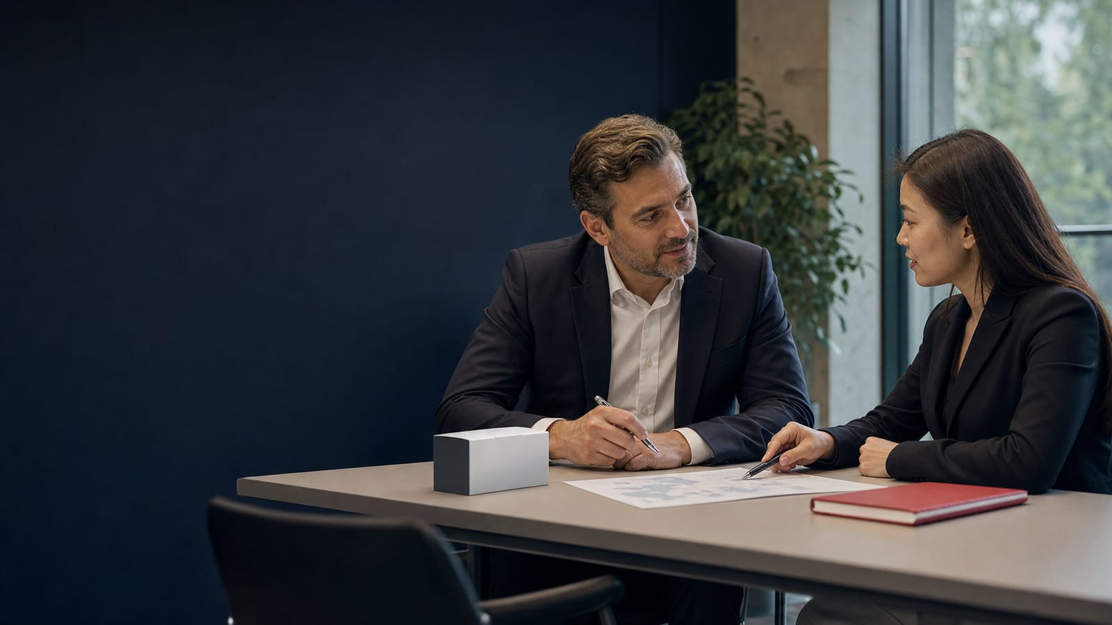 Two professionals discussing a pharmaceutical business opportunity in a private meeting
