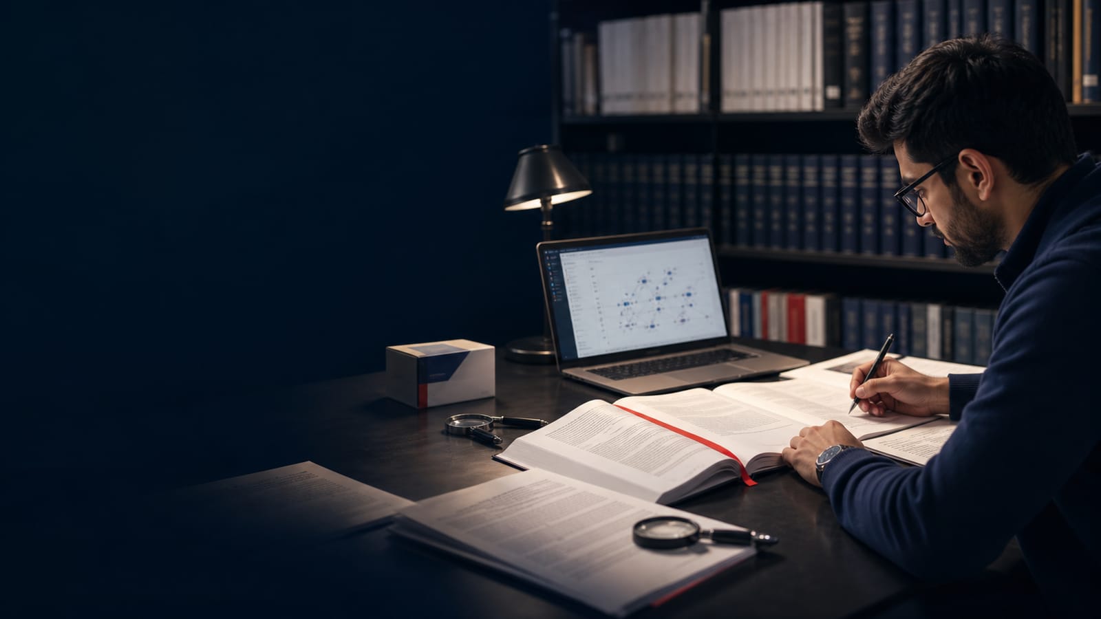 Researcher reviewing primary sources and evidence for a pharmaceutical insight article