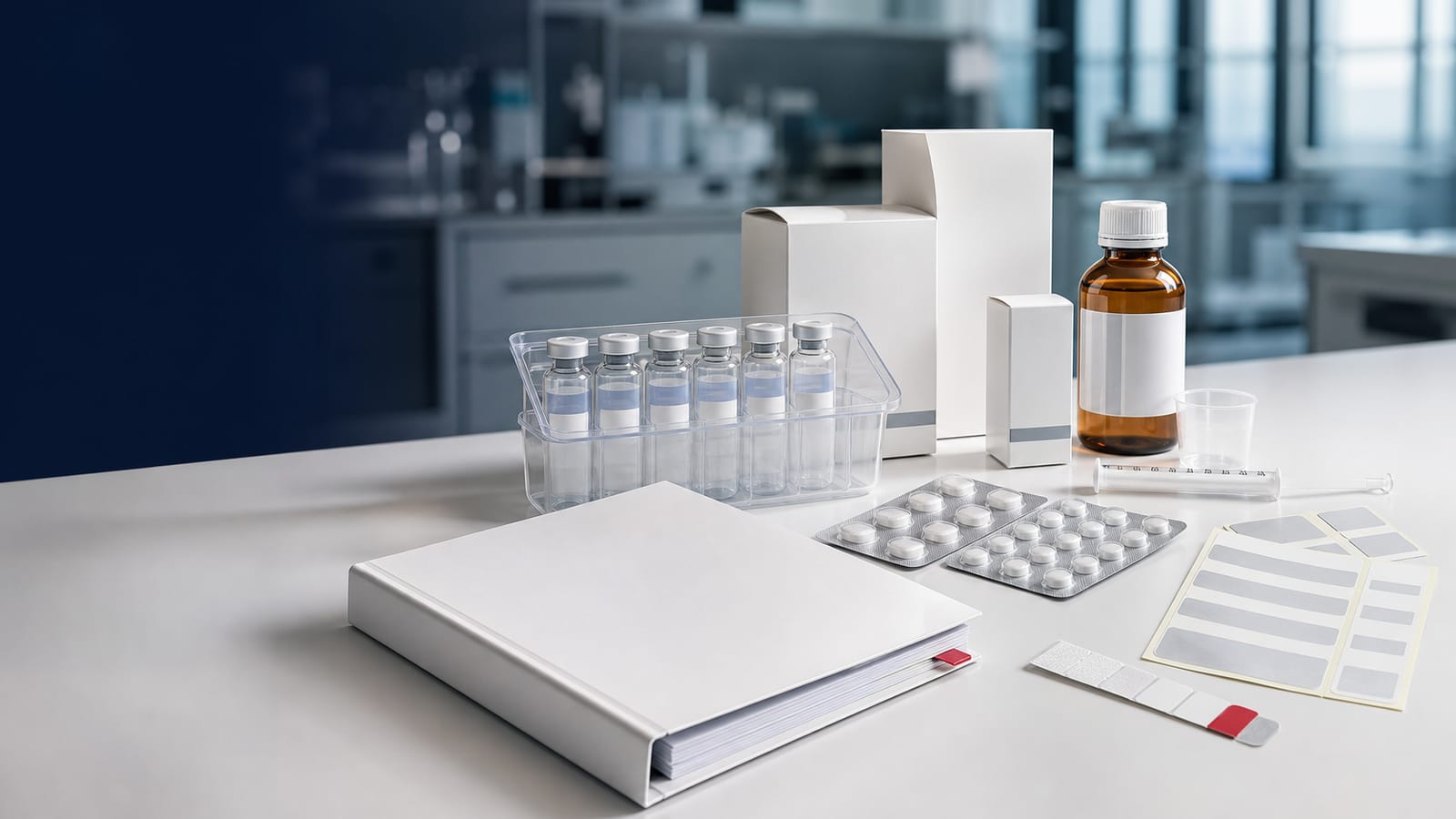 Unbranded vials, oral-liquid bottle, blister packs, neutral cartons, labels and a quality dossier arranged for portfolio review