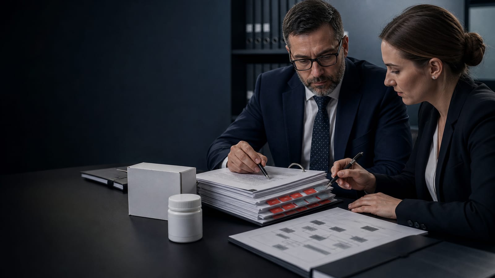 Regulatory professionals reviewing a version-controlled dossier and neutral pharmaceutical packaging