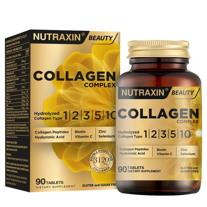 Nutraxin Collagen Complex box and 90-tablet bottle
