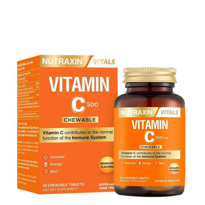 Nutraxin Vitamin C 500 mg chewable box and 30-tablet bottle