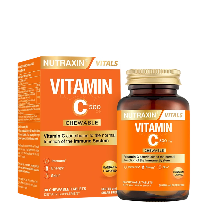 Nutraxin Vitamin C 500 mg chewable box and 30-tablet bottle