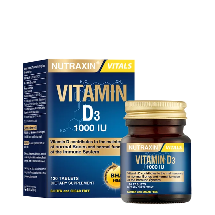 Nutraxin Vitamin D3 box and 120-tablet bottle shown as an owner-supplied catalogue reference