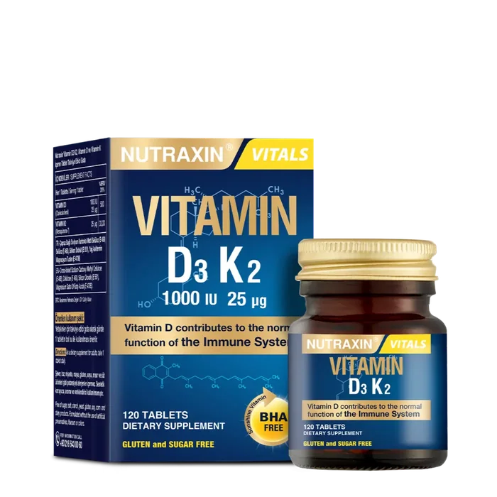 Nutraxin Vitamin D3 and K2 box and 120-tablet bottle