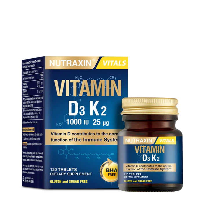 Nutraxin Vitamin D3 and K2 box and 120-tablet bottle