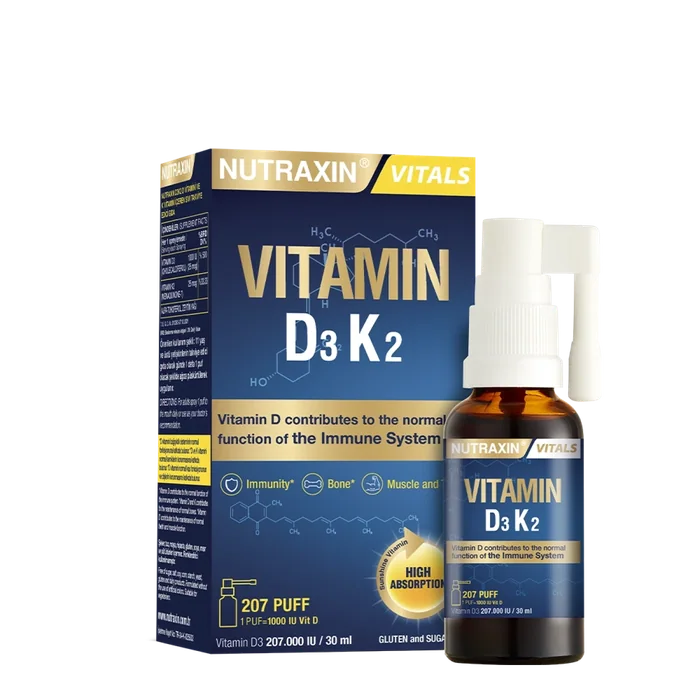 Nutraxin Vitamin D3 and K2 spray box and 30 ml bottle