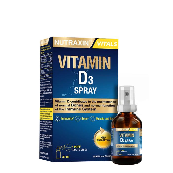 Nutraxin Vitamin D3 spray box and 30 ml bottle
