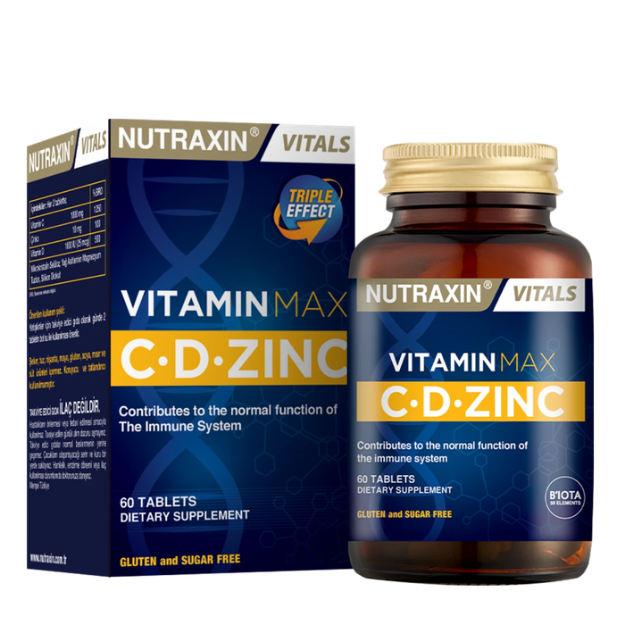 Nutraxin Vitamin MAX C, D and Zinc box and 60-tablet bottle