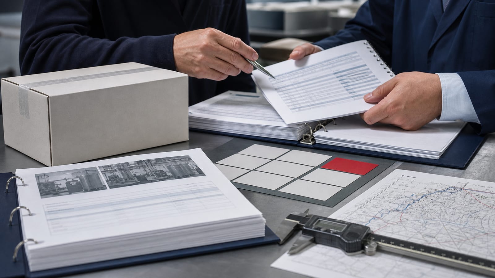 Professionals comparing a supplier dossier, neutral packaging, risk cards and route evidence