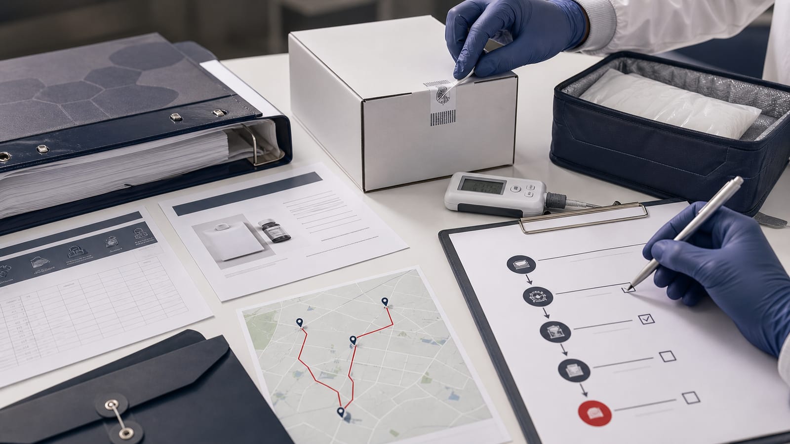 Gloved specialists checking neutral packaging, temperature evidence, route planning and launch-readiness records