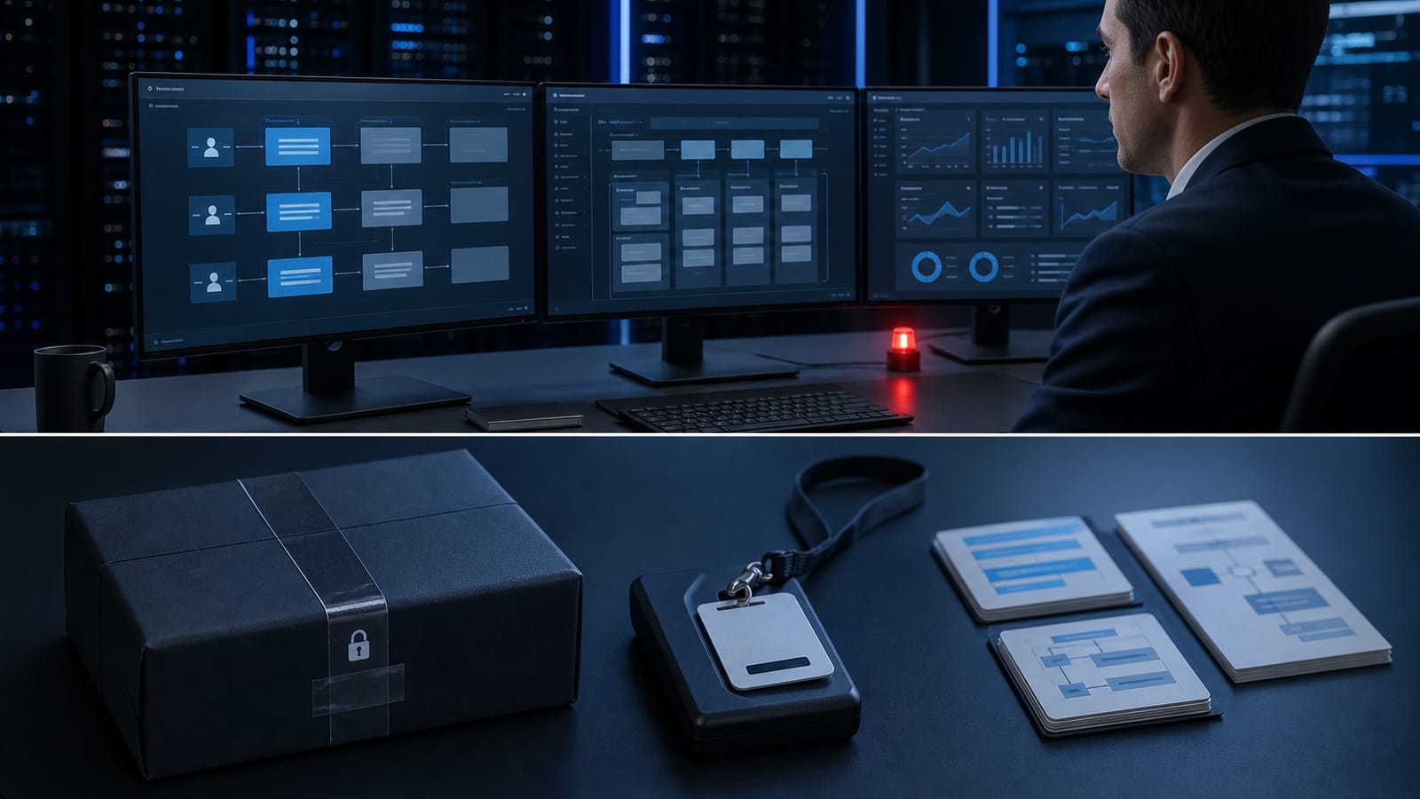 Secure operations workstation with layered system diagrams, identity reader and protected package